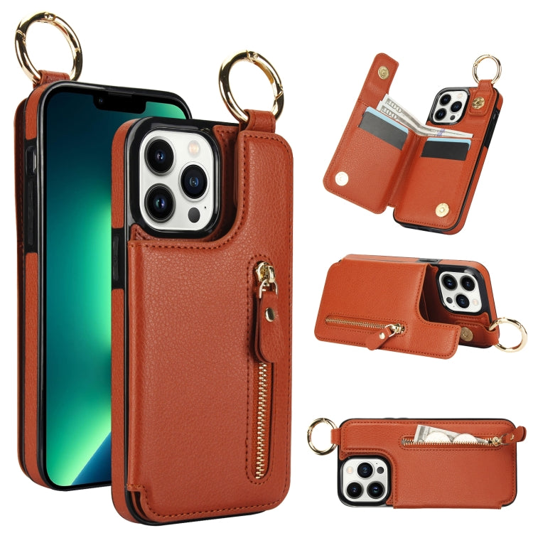 For iPhone 13 Pro Max Litchi Texture Zipper Double Buckle Card Bag Phone Case(Brown) - iPhone 13 Pro Max Cases by buy2fix | Online Shopping UK | buy2fix