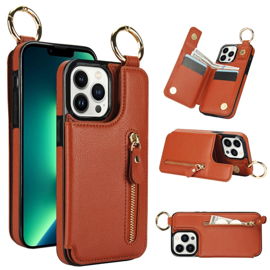 For iPhone 13 Pro Max Litchi Texture Zipper Double Buckle Card Bag Phone Case(Brown) - iPhone 13 Pro Max Cases by buy2fix | Online Shopping UK | buy2fix