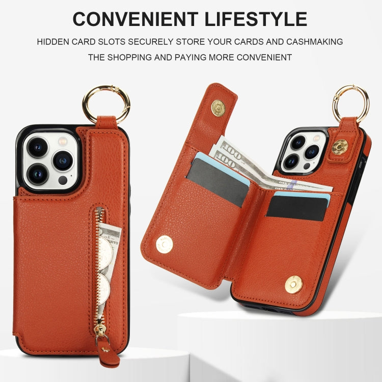 For iPhone 13 Pro Max Litchi Texture Zipper Double Buckle Card Bag Phone Case(Brown) - iPhone 13 Pro Max Cases by buy2fix | Online Shopping UK | buy2fix