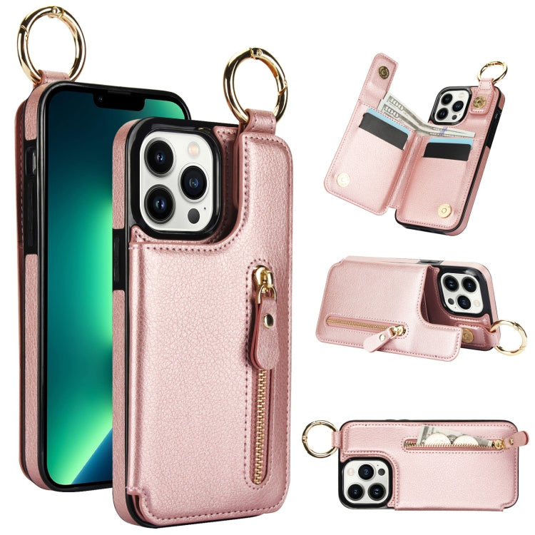 For iPhone 13 Pro Max Litchi Texture Zipper Double Buckle Card Bag Phone Case(Rose Gold) - iPhone 13 Pro Max Cases by buy2fix | Online Shopping UK | buy2fix
