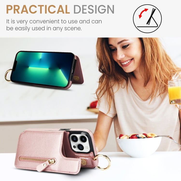 For iPhone 13 Pro Max Litchi Texture Zipper Double Buckle Card Bag Phone Case(Rose Gold) - iPhone 13 Pro Max Cases by buy2fix | Online Shopping UK | buy2fix