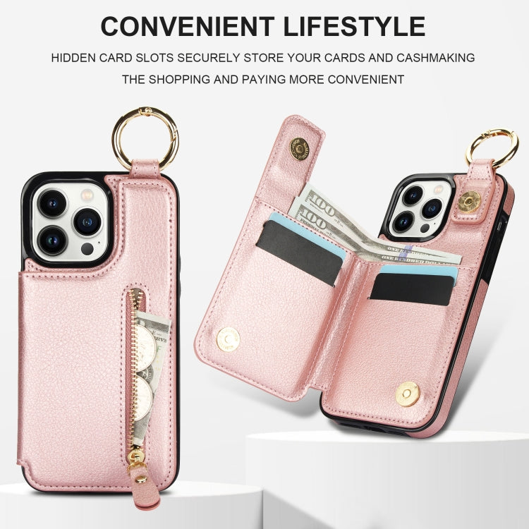 For iPhone 13 Pro Max Litchi Texture Zipper Double Buckle Card Bag Phone Case(Rose Gold) - iPhone 13 Pro Max Cases by buy2fix | Online Shopping UK | buy2fix