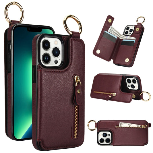 For iPhone 13 Pro Max Litchi Texture Zipper Double Buckle Card Bag Phone Case(Maroon Red) - iPhone 13 Pro Max Cases by buy2fix | Online Shopping UK | buy2fix