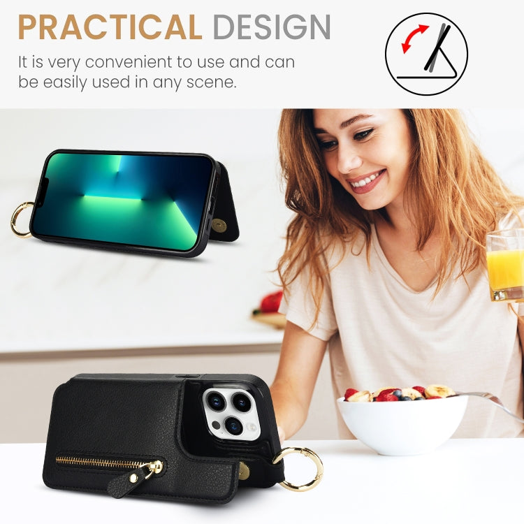 For iPhone 13 Pro Max Litchi Texture Zipper Double Buckle Card Bag Phone Case(Black) - iPhone 13 Pro Max Cases by buy2fix | Online Shopping UK | buy2fix