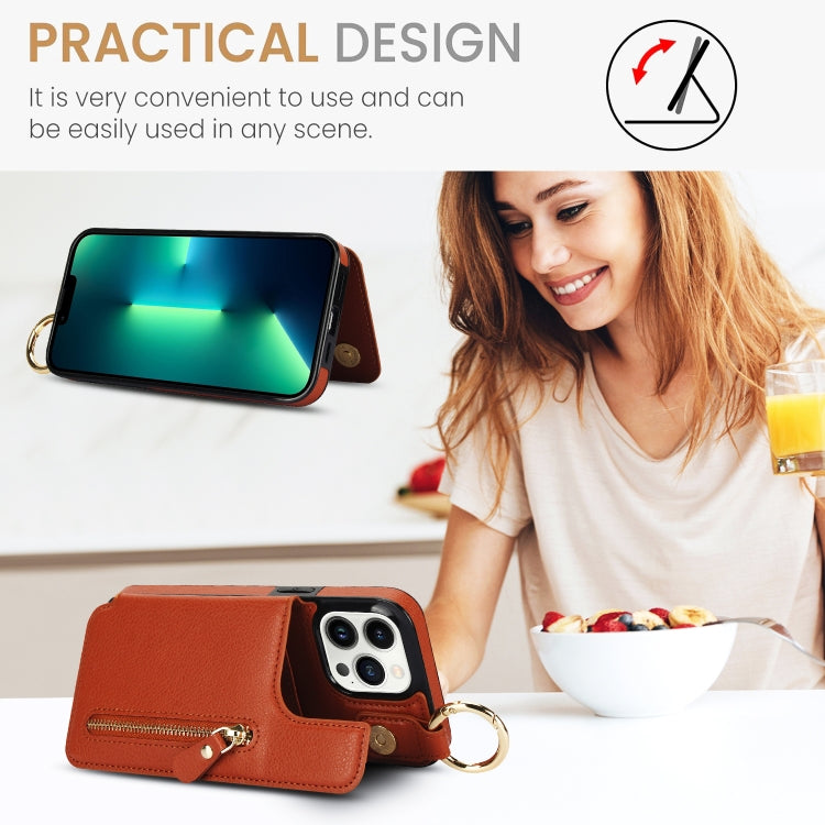 For iPhone 13 Pro Litchi Texture Zipper Double Buckle Card Bag Phone Case(Brown) - iPhone 13 Pro Cases by buy2fix | Online Shopping UK | buy2fix