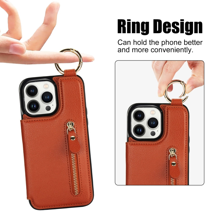 For iPhone 13 Pro Litchi Texture Zipper Double Buckle Card Bag Phone Case(Brown) - iPhone 13 Pro Cases by buy2fix | Online Shopping UK | buy2fix