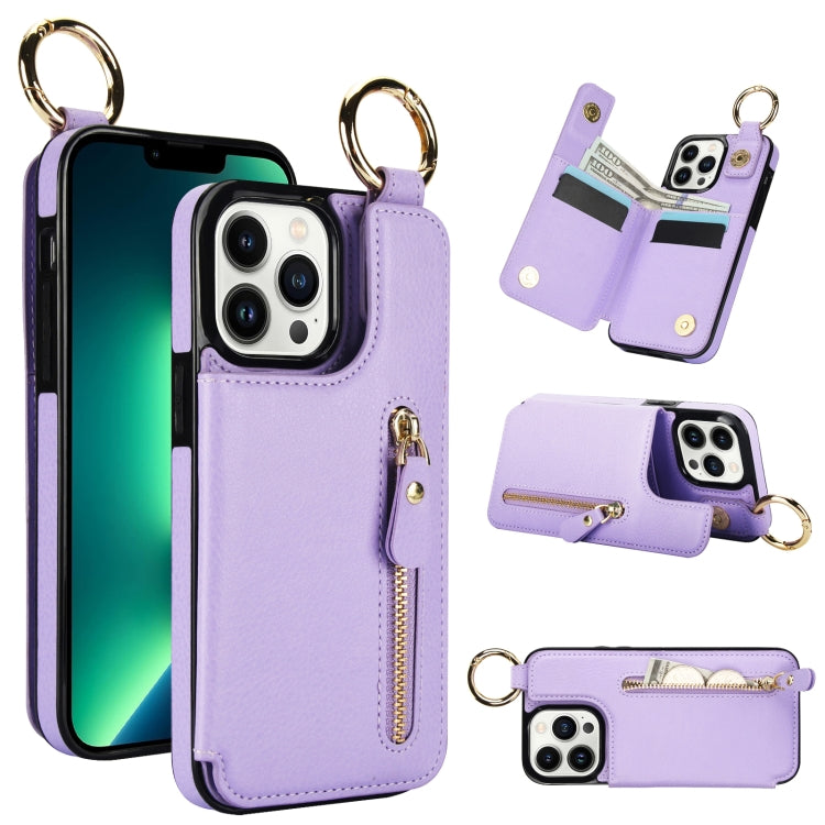 For iPhone 13 Pro Litchi Texture Zipper Double Buckle Card Bag Phone Case(Purple) - iPhone 13 Pro Cases by buy2fix | Online Shopping UK | buy2fix