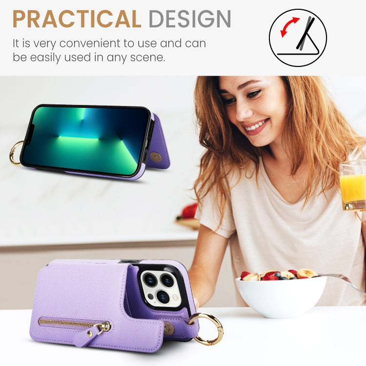 For iPhone 13 Pro Litchi Texture Zipper Double Buckle Card Bag Phone Case(Purple) - iPhone 13 Pro Cases by buy2fix | Online Shopping UK | buy2fix