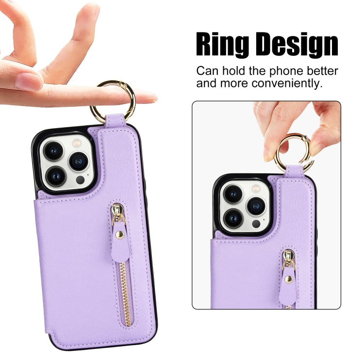 For iPhone 13 Pro Litchi Texture Zipper Double Buckle Card Bag Phone Case(Purple) - iPhone 13 Pro Cases by buy2fix | Online Shopping UK | buy2fix