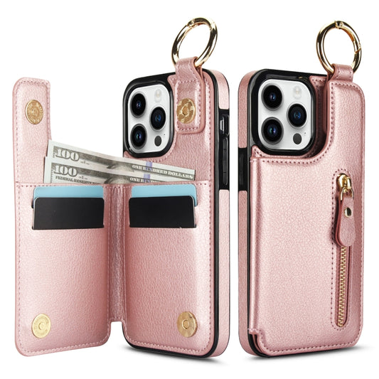 For iPhone 13 Pro Litchi Texture Zipper Double Buckle Card Bag Phone Case(Rose Gold) - iPhone 13 Pro Cases by buy2fix | Online Shopping UK | buy2fix