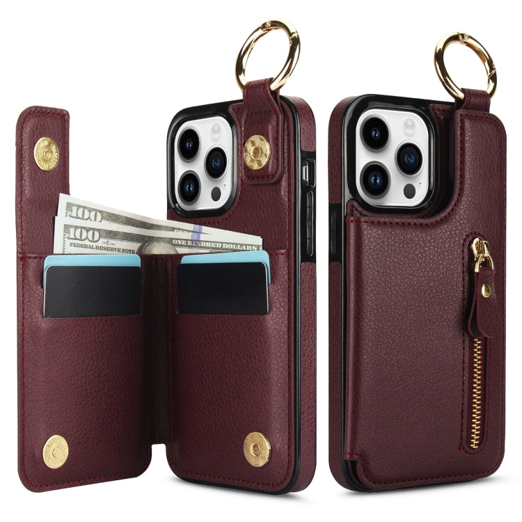 For iPhone 13 Pro Litchi Texture Zipper Double Buckle Card Bag Phone Case(Maroon Red) - iPhone 13 Pro Cases by buy2fix | Online Shopping UK | buy2fix