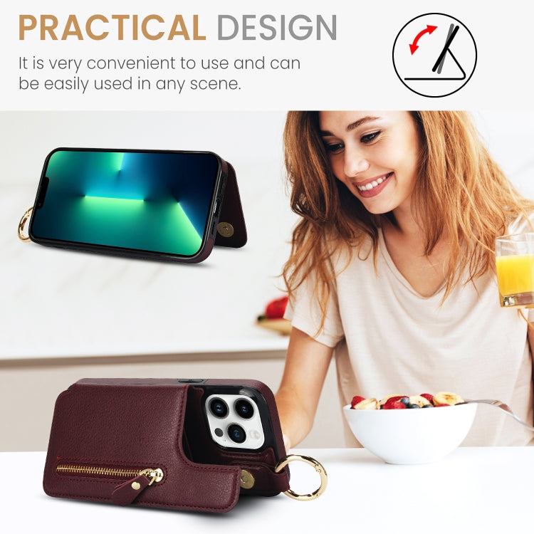 For iPhone 13 Pro Litchi Texture Zipper Double Buckle Card Bag Phone Case(Maroon Red) - iPhone 13 Pro Cases by buy2fix | Online Shopping UK | buy2fix