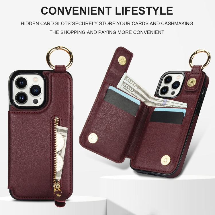 For iPhone 13 Pro Litchi Texture Zipper Double Buckle Card Bag Phone Case(Maroon Red) - iPhone 13 Pro Cases by buy2fix | Online Shopping UK | buy2fix