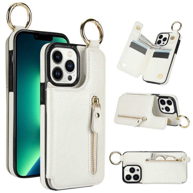 For iPhone 13 Pro Litchi Texture Zipper Double Buckle Card Bag Phone Case(White) - iPhone 13 Pro Cases by buy2fix | Online Shopping UK | buy2fix