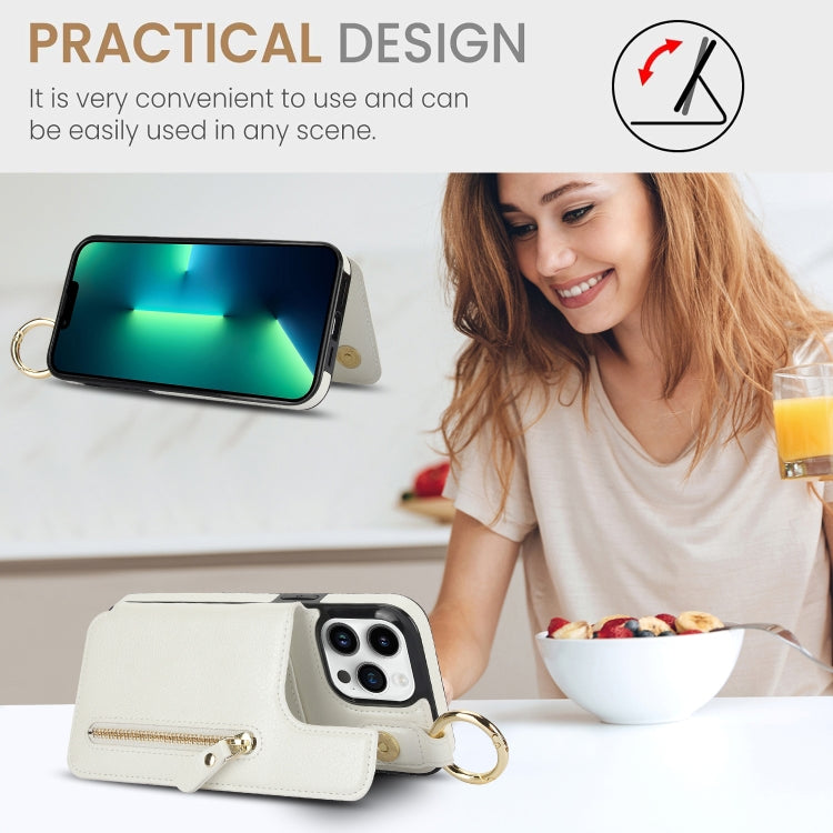 For iPhone 13 Pro Litchi Texture Zipper Double Buckle Card Bag Phone Case(White) - iPhone 13 Pro Cases by buy2fix | Online Shopping UK | buy2fix