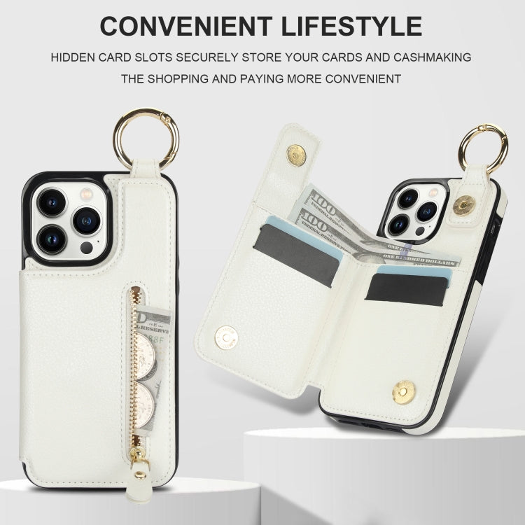 For iPhone 13 Pro Litchi Texture Zipper Double Buckle Card Bag Phone Case(White) - iPhone 13 Pro Cases by buy2fix | Online Shopping UK | buy2fix