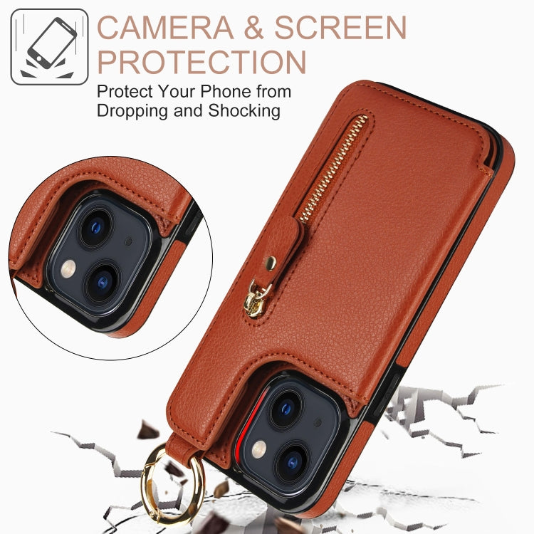 For iPhone 13 Litchi Texture Zipper Double Buckle Card Bag Phone Case(Brown) - iPhone 13 Cases by buy2fix | Online Shopping UK | buy2fix