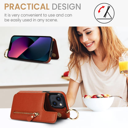 For iPhone 13 Litchi Texture Zipper Double Buckle Card Bag Phone Case(Brown) - iPhone 13 Cases by buy2fix | Online Shopping UK | buy2fix
