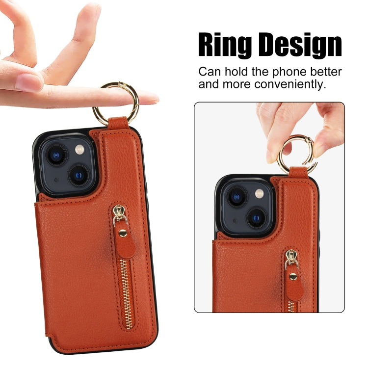 For iPhone 13 Litchi Texture Zipper Double Buckle Card Bag Phone Case(Brown) - iPhone 13 Cases by buy2fix | Online Shopping UK | buy2fix
