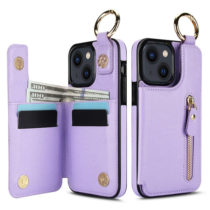 For iPhone 13 Litchi Texture Zipper Double Buckle Card Bag Phone Case(Purple) - iPhone 13 Cases by buy2fix | Online Shopping UK | buy2fix