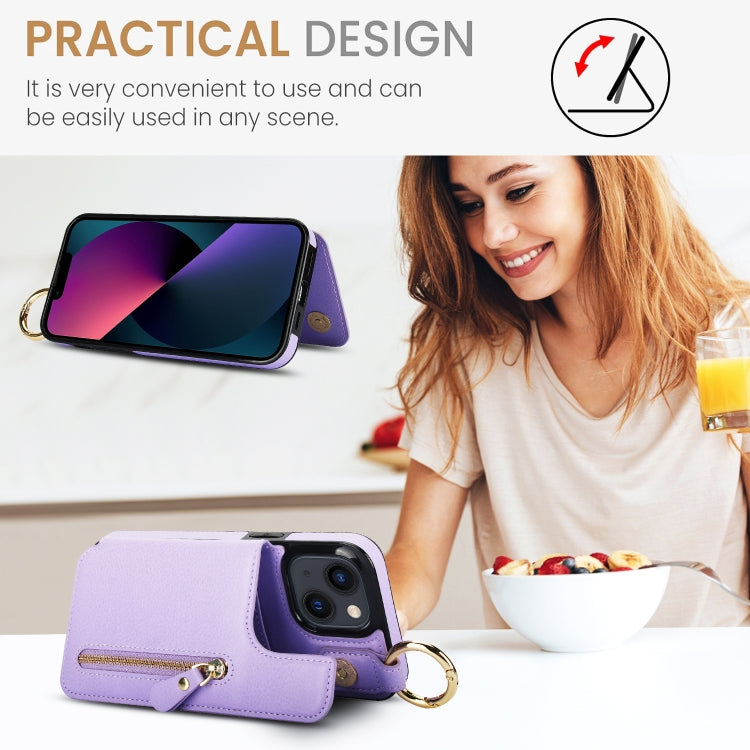 For iPhone 13 Litchi Texture Zipper Double Buckle Card Bag Phone Case(Purple) - iPhone 13 Cases by buy2fix | Online Shopping UK | buy2fix