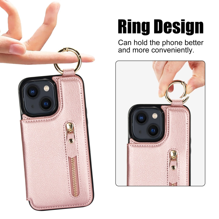 For iPhone 13 Litchi Texture Zipper Double Buckle Card Bag Phone Case(Rose Gold) - iPhone 13 Cases by buy2fix | Online Shopping UK | buy2fix