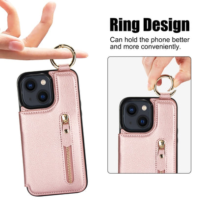 For iPhone 13 Litchi Texture Zipper Double Buckle Card Bag Phone Case(Rose Gold) - iPhone 13 Cases by buy2fix | Online Shopping UK | buy2fix