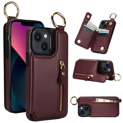 For iPhone 13 Litchi Texture Zipper Double Buckle Card Bag Phone Case(Maroon Red) - iPhone 13 Cases by buy2fix | Online Shopping UK | buy2fix