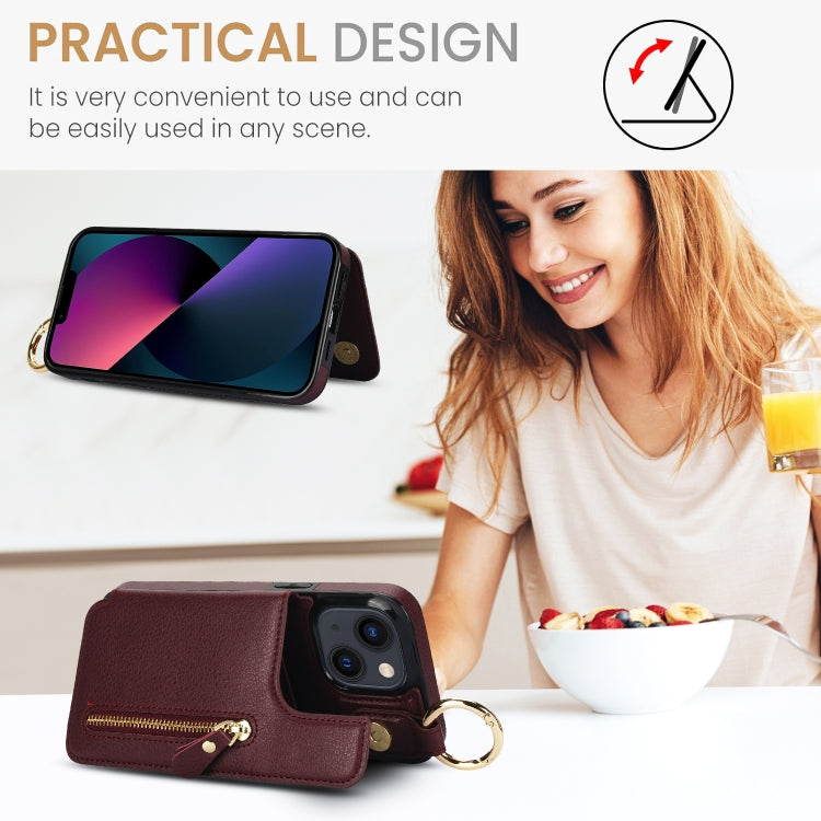 For iPhone 13 Litchi Texture Zipper Double Buckle Card Bag Phone Case(Maroon Red) - iPhone 13 Cases by buy2fix | Online Shopping UK | buy2fix