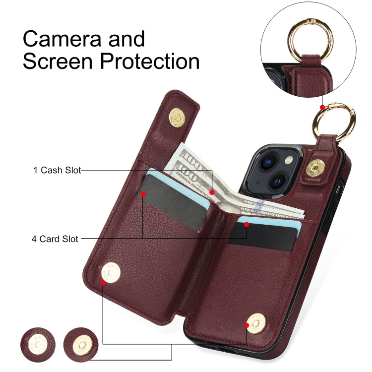 For iPhone 13 Litchi Texture Zipper Double Buckle Card Bag Phone Case(Maroon Red) - iPhone 13 Cases by buy2fix | Online Shopping UK | buy2fix
