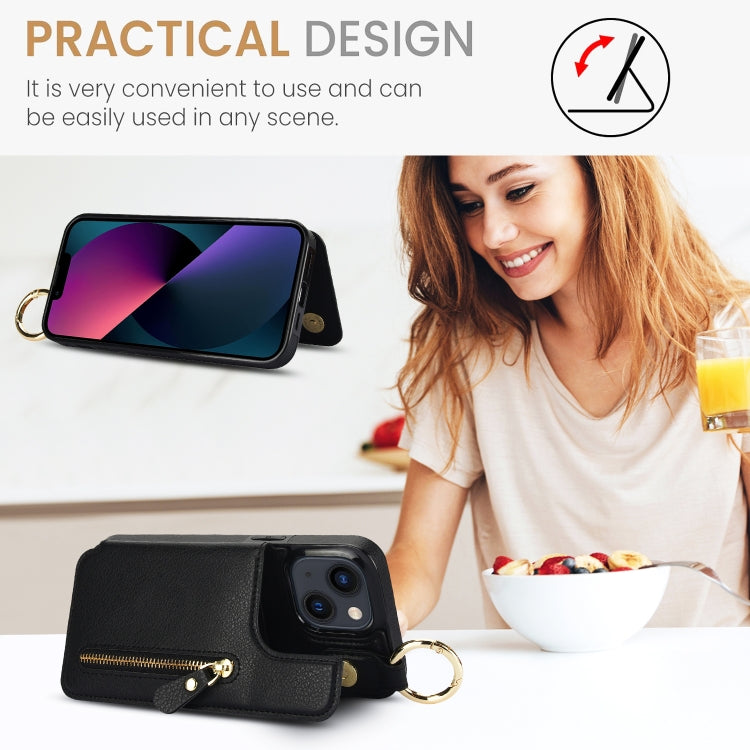 For iPhone 13 Litchi Texture Zipper Double Buckle Card Bag Phone Case(Black) - iPhone 13 Cases by buy2fix | Online Shopping UK | buy2fix