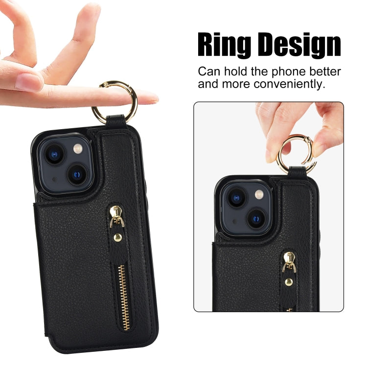 For iPhone 13 Litchi Texture Zipper Double Buckle Card Bag Phone Case(Black) - iPhone 13 Cases by buy2fix | Online Shopping UK | buy2fix