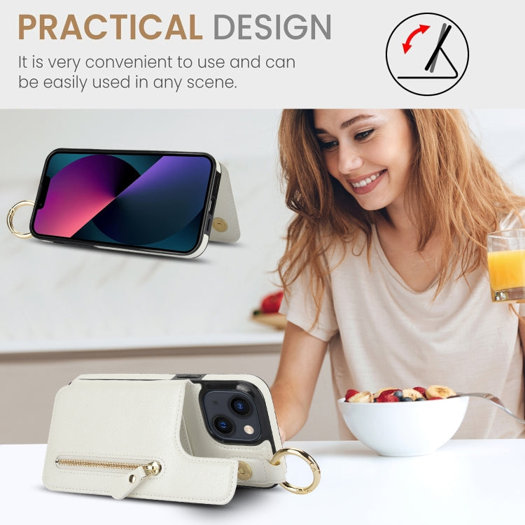 For iPhone 13 Litchi Texture Zipper Double Buckle Card Bag Phone Case(White) - iPhone 13 Cases by buy2fix | Online Shopping UK | buy2fix