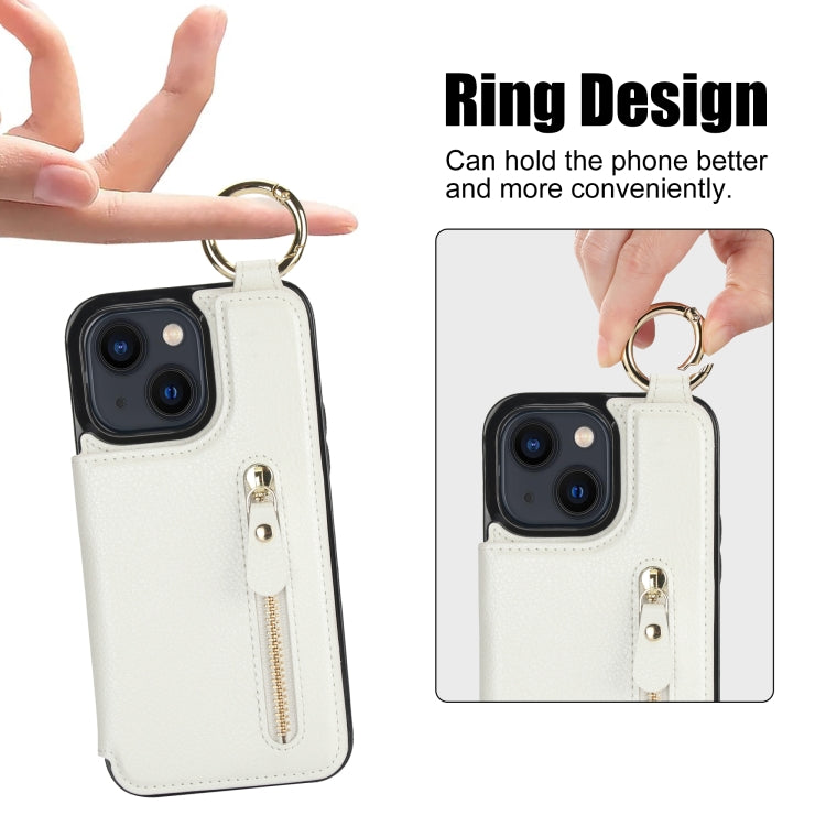 For iPhone 13 Litchi Texture Zipper Double Buckle Card Bag Phone Case(White) - iPhone 13 Cases by buy2fix | Online Shopping UK | buy2fix