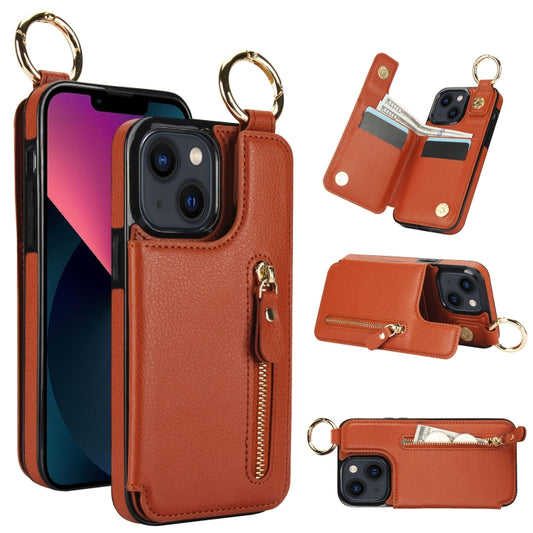 For iPhone 13 mini Litchi Texture Zipper Double Buckle Card Bag Phone Case(Brown) - iPhone 13 mini Cases by buy2fix | Online Shopping UK | buy2fix
