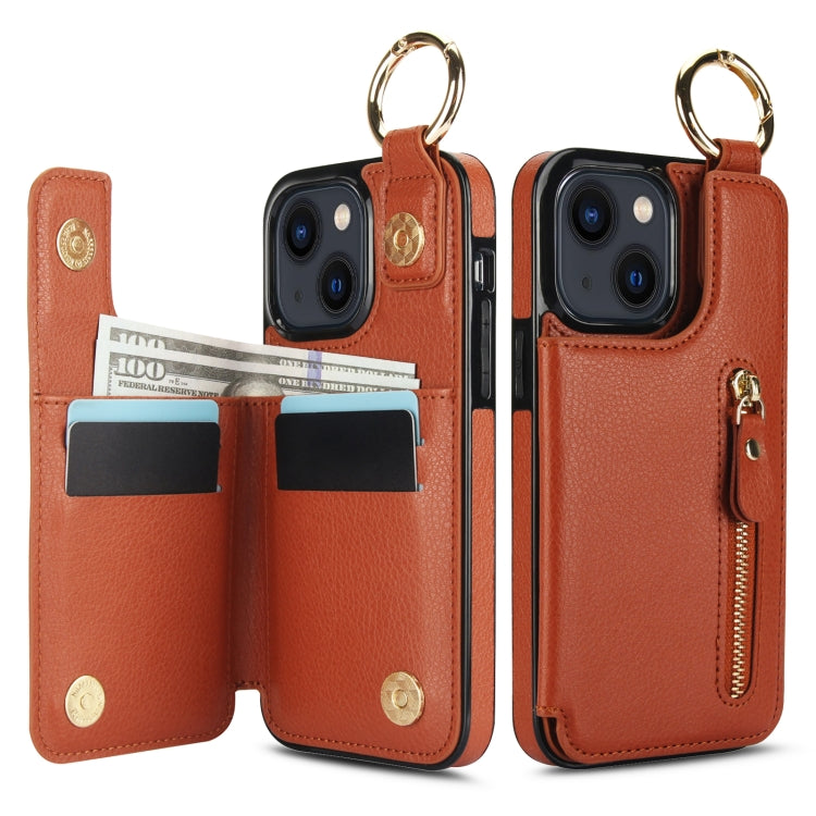 For iPhone 13 mini Litchi Texture Zipper Double Buckle Card Bag Phone Case(Brown) - iPhone 13 mini Cases by buy2fix | Online Shopping UK | buy2fix