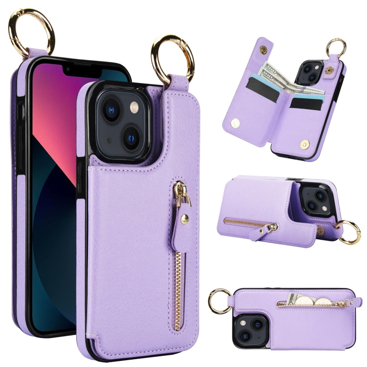 For iPhone 13 mini Litchi Texture Zipper Double Buckle Card Bag Phone Case(Purple) - iPhone 13 mini Cases by buy2fix | Online Shopping UK | buy2fix