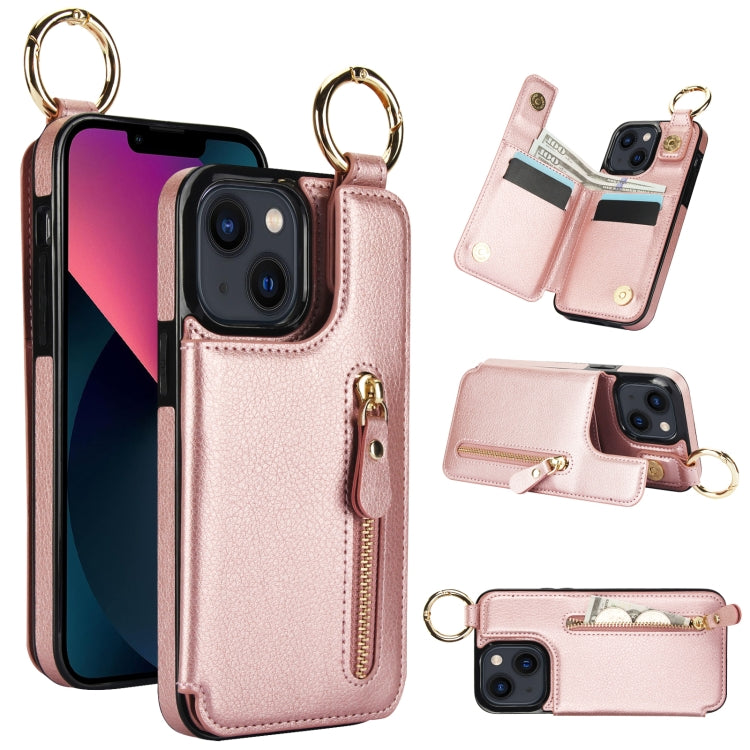 For iPhone 13 mini Litchi Texture Zipper Double Buckle Card Bag Phone Case(Rose Gold) - iPhone 13 mini Cases by buy2fix | Online Shopping UK | buy2fix