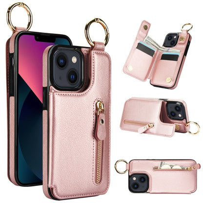 For iPhone 13 mini Litchi Texture Zipper Double Buckle Card Bag Phone Case(Rose Gold) - iPhone 13 mini Cases by buy2fix | Online Shopping UK | buy2fix
