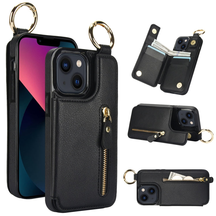 For iPhone 13 mini Litchi Texture Zipper Double Buckle Card Bag Phone Case(Black) - iPhone 13 mini Cases by buy2fix | Online Shopping UK | buy2fix