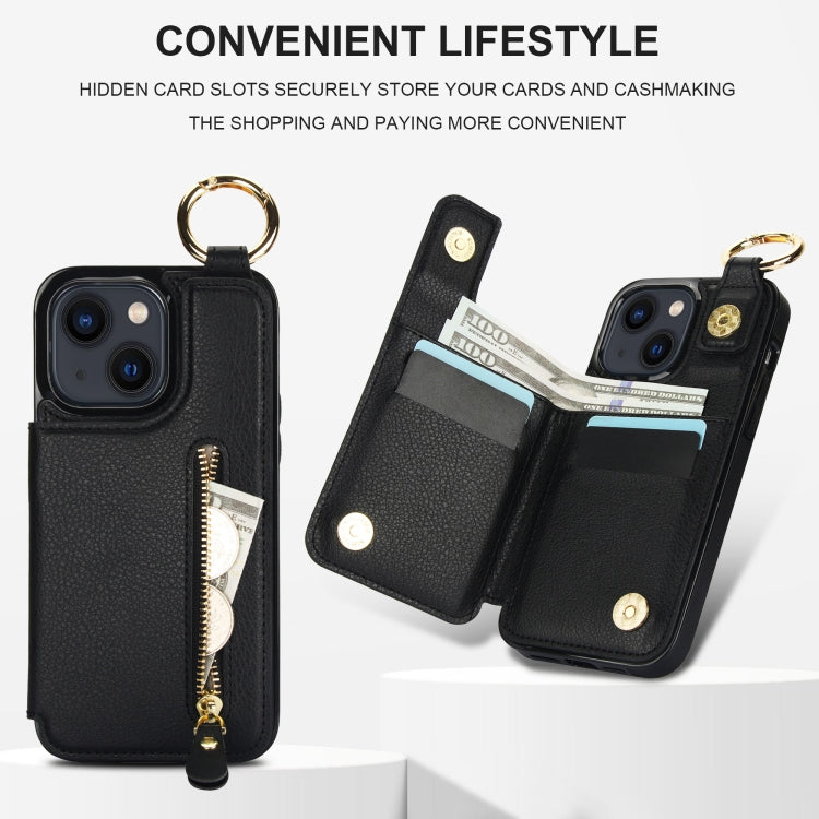 For iPhone 13 mini Litchi Texture Zipper Double Buckle Card Bag Phone Case(Black) - iPhone 13 mini Cases by buy2fix | Online Shopping UK | buy2fix