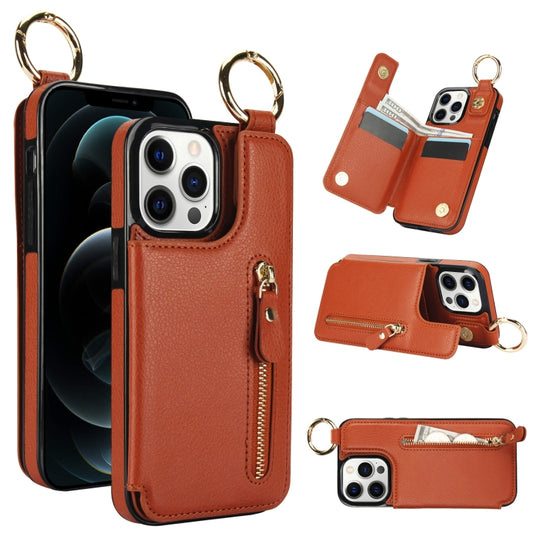 For iPhone 12 Pro Litchi Texture Zipper Double Buckle Card Bag Phone Case(Brown) - iPhone 12 / 12 Pro Cases by buy2fix | Online Shopping UK | buy2fix