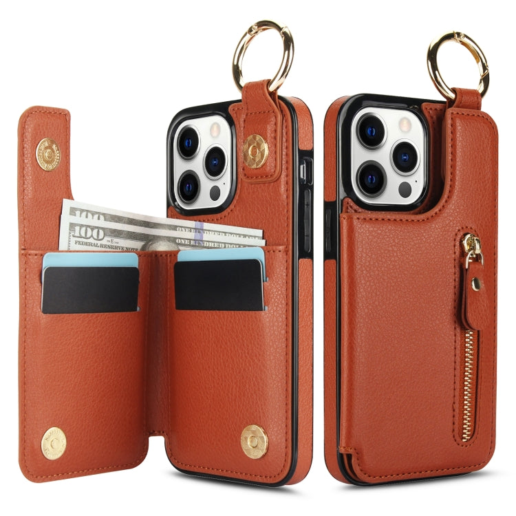 For iPhone 12 Pro Litchi Texture Zipper Double Buckle Card Bag Phone Case(Brown) - iPhone 12 / 12 Pro Cases by buy2fix | Online Shopping UK | buy2fix