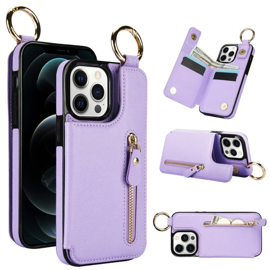 For iPhone 12 Pro Litchi Texture Zipper Double Buckle Card Bag Phone Case(Purple) - iPhone 12 / 12 Pro Cases by buy2fix | Online Shopping UK | buy2fix