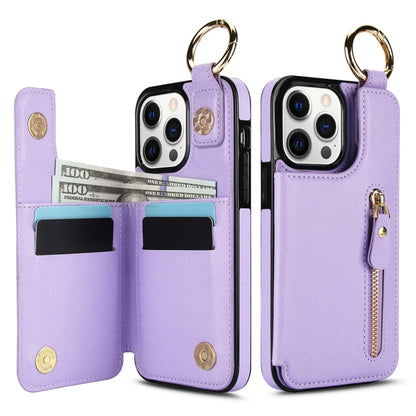 For iPhone 12 Pro Litchi Texture Zipper Double Buckle Card Bag Phone Case(Purple) - iPhone 12 / 12 Pro Cases by buy2fix | Online Shopping UK | buy2fix