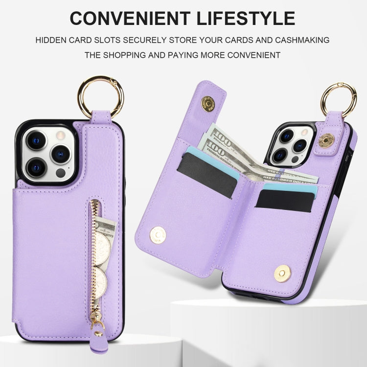 For iPhone 12 Pro Litchi Texture Zipper Double Buckle Card Bag Phone Case(Purple) - iPhone 12 / 12 Pro Cases by buy2fix | Online Shopping UK | buy2fix