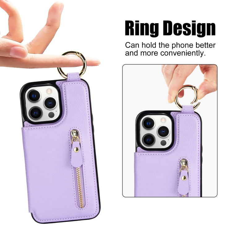 For iPhone 12 Pro Litchi Texture Zipper Double Buckle Card Bag Phone Case(Purple) - iPhone 12 / 12 Pro Cases by buy2fix | Online Shopping UK | buy2fix