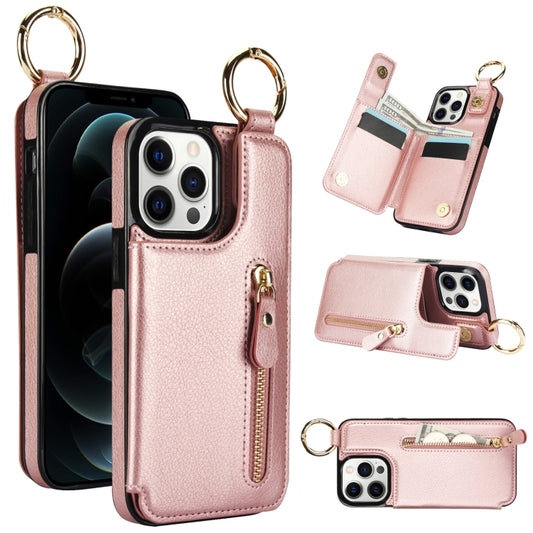 For iPhone 12 Pro Litchi Texture Zipper Double Buckle Card Bag Phone Case(Rose Gold) - iPhone 12 / 12 Pro Cases by buy2fix | Online Shopping UK | buy2fix