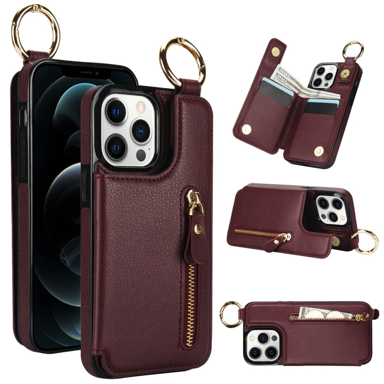 For iPhone 12 Pro Litchi Texture Zipper Double Buckle Card Bag Phone Case(Maroon Red) - iPhone 12 / 12 Pro Cases by buy2fix | Online Shopping UK | buy2fix