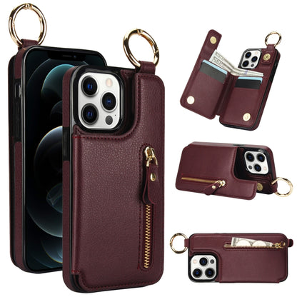 For iPhone 12 Pro Litchi Texture Zipper Double Buckle Card Bag Phone Case(Maroon Red) - iPhone 12 / 12 Pro Cases by buy2fix | Online Shopping UK | buy2fix